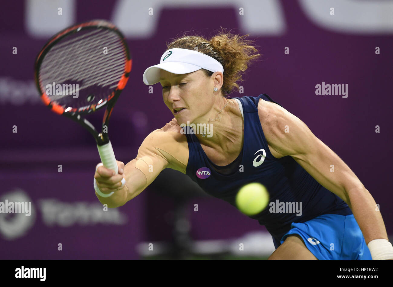 Doha, Qatar. 16th Feb, 2017. Samantha Stosur of Australia returns the ball during the women's singles quarterfinal against Dominika Cibulkova of Slovakia at WTA Qatar Open 2017 at the International Khalifa Tennis Complex of Doha, Qatar, Feb. 16, 2017. Samantha Stosur lost 0-2. Credit: Nikku/Xinhua/Alamy Live News Stock Photo
