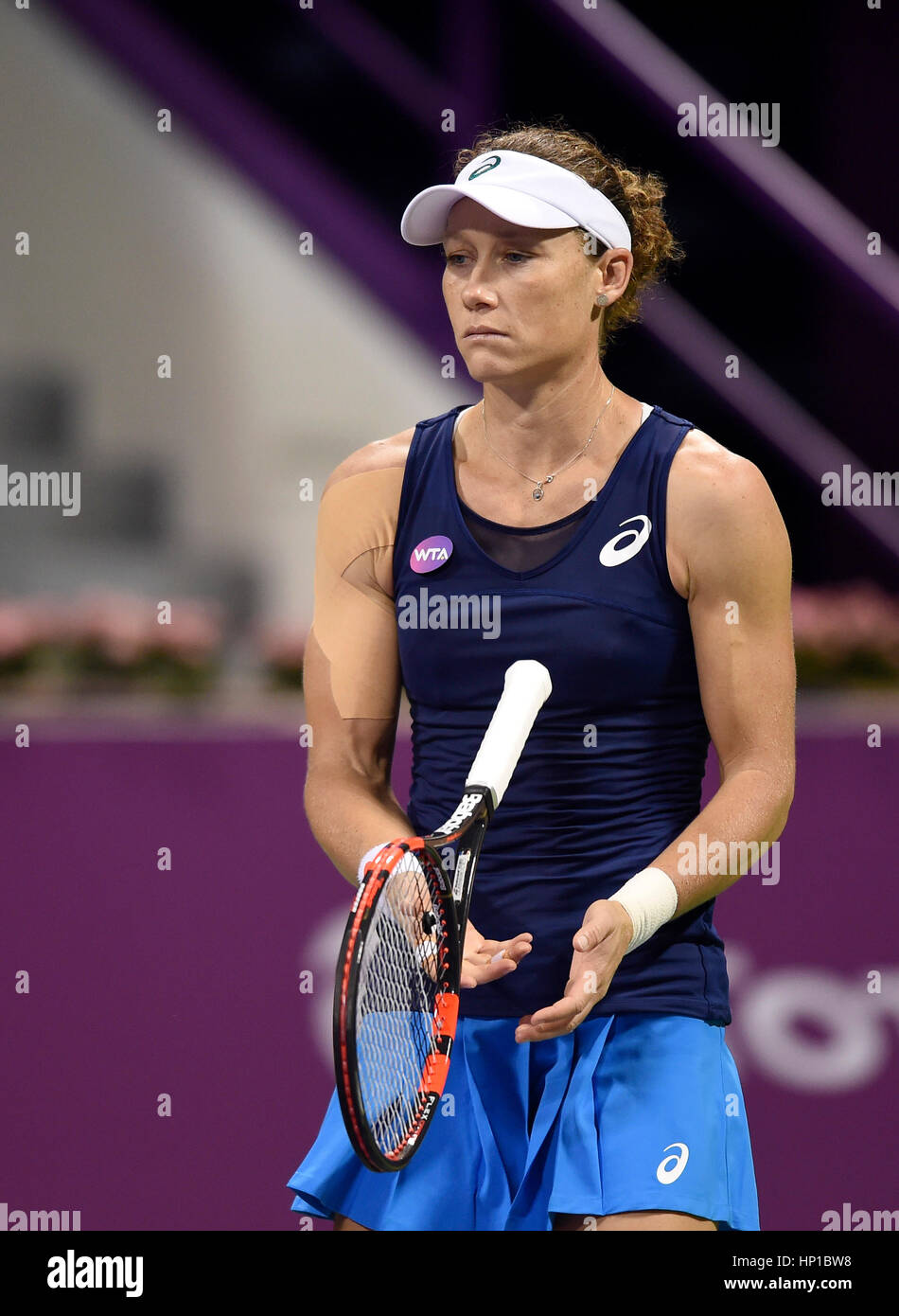 Doha, Qatar. 16th Feb, 2017. Samantha Stosur of Australia reacts during the women's singles quarterfinal against Dominika Cibulkova of Slovakia at WTA Qatar Open 2017 at the International Khalifa Tennis Complex of Doha, Qatar, Feb. 16, 2017. Samantha Stosur lost 0-2. Credit: Nikku/Xinhua/Alamy Live News Stock Photo