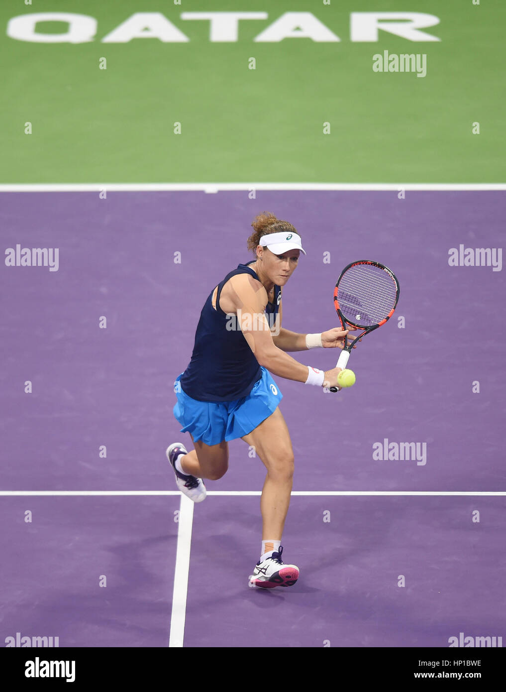 Doha, Qatar. 16th Feb, 2017. Samantha Stosur of Australia returns the ball during the women's singles quarterfinal against Dominika Cibulkova of Slovakia at WTA Qatar Open 2017 at the International Khalifa Tennis Complex of Doha, Qatar, Feb. 16, 2017. Samantha Stosur lost 0-2. Credit: Nikku/Xinhua/Alamy Live News Stock Photo