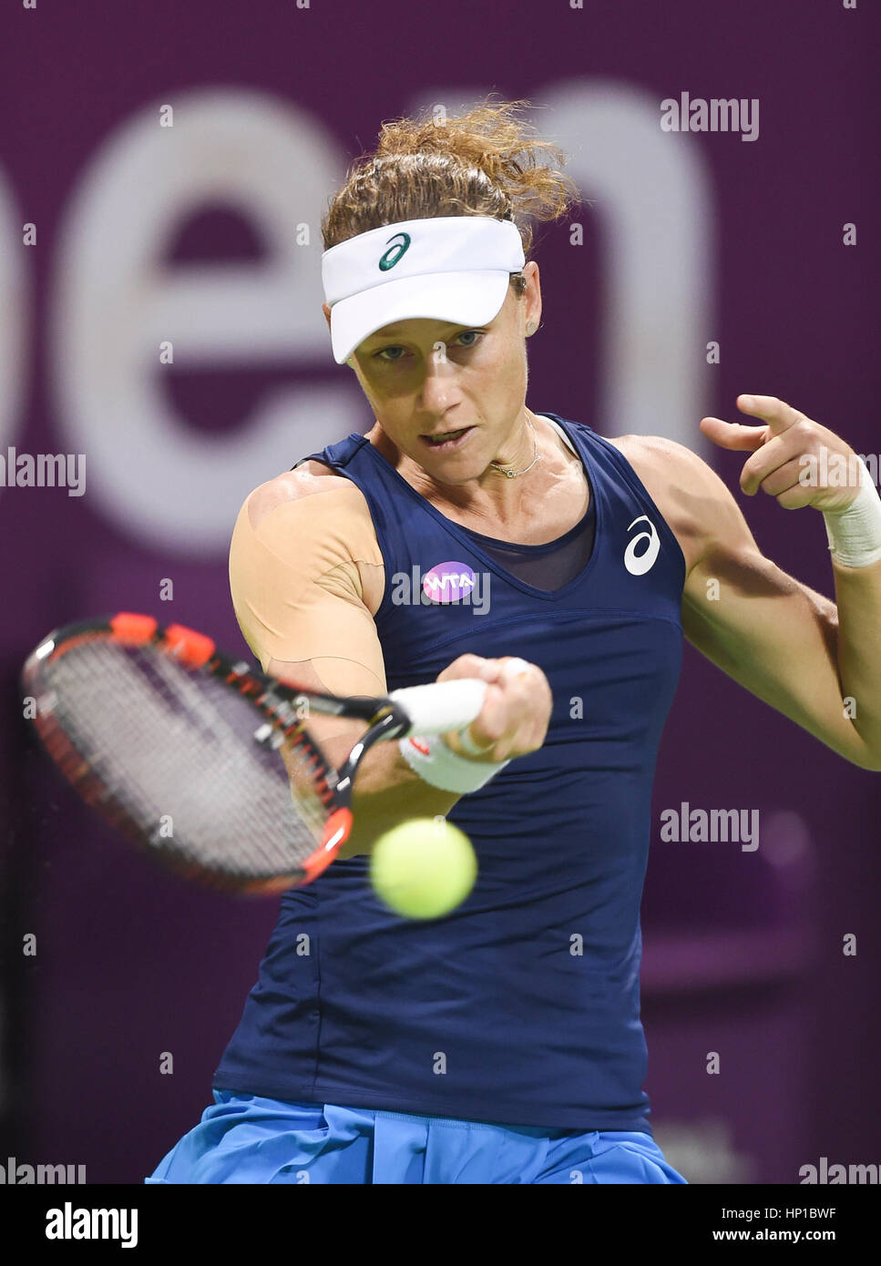 Doha, Qatar. 16th Feb, 2017. Samantha Stosur of Australia returns the ball during the women's singles quarterfinal against Dominika Cibulkova of Slovakia at WTA Qatar Open 2017 at the International Khalifa Tennis Complex of Doha, Qatar, Feb. 16, 2017. Samantha Stosur lost 0-2. Credit: Nikku/Xinhua/Alamy Live News Stock Photo