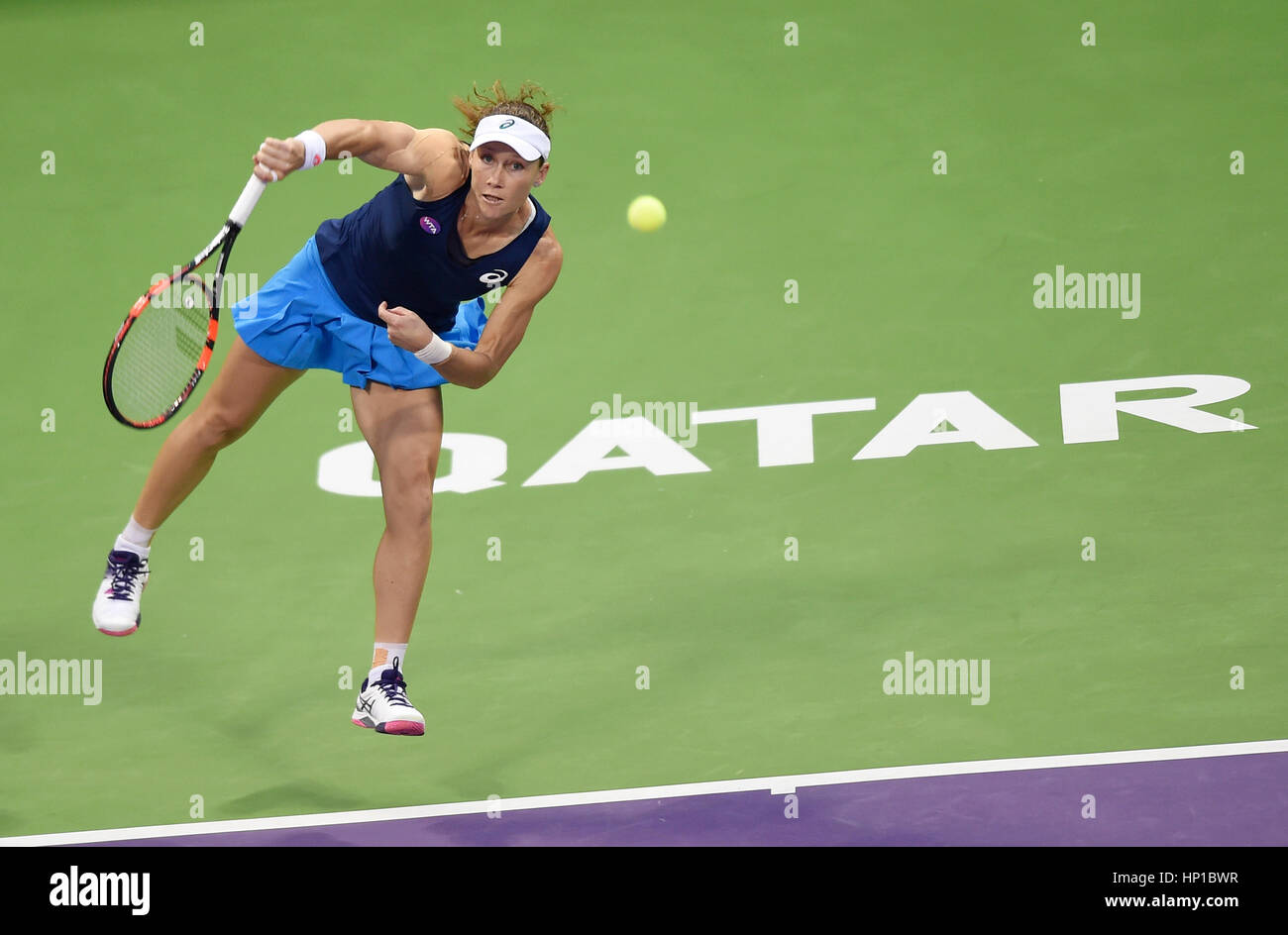 Doha, Qatar. 16th Feb, 2017. Samantha Stosur of Australia serves during the women's singles quarterfinal against Dominika Cibulkova of Slovakia at WTA Qatar Open 2017 at the International Khalifa Tennis Complex of Doha, Qatar, Feb. 16, 2017. Samantha Stosur lost 0-2. Credit: Nikku/Xinhua/Alamy Live News Stock Photo