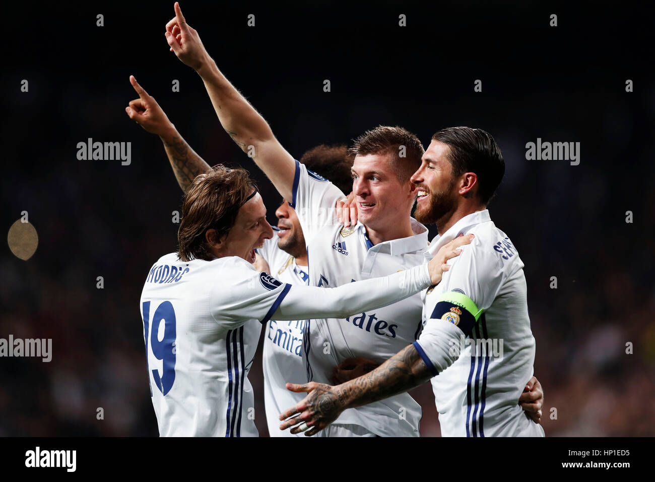 Luka Modric Toni Kroos Sergio Ramos Real February 15 2017 Football Soccer Uefa Champions League Round 16 1st Leg Match Between Real Madrid 3 1 Ssc Napoli At Estadio Santiago Bernabeu In