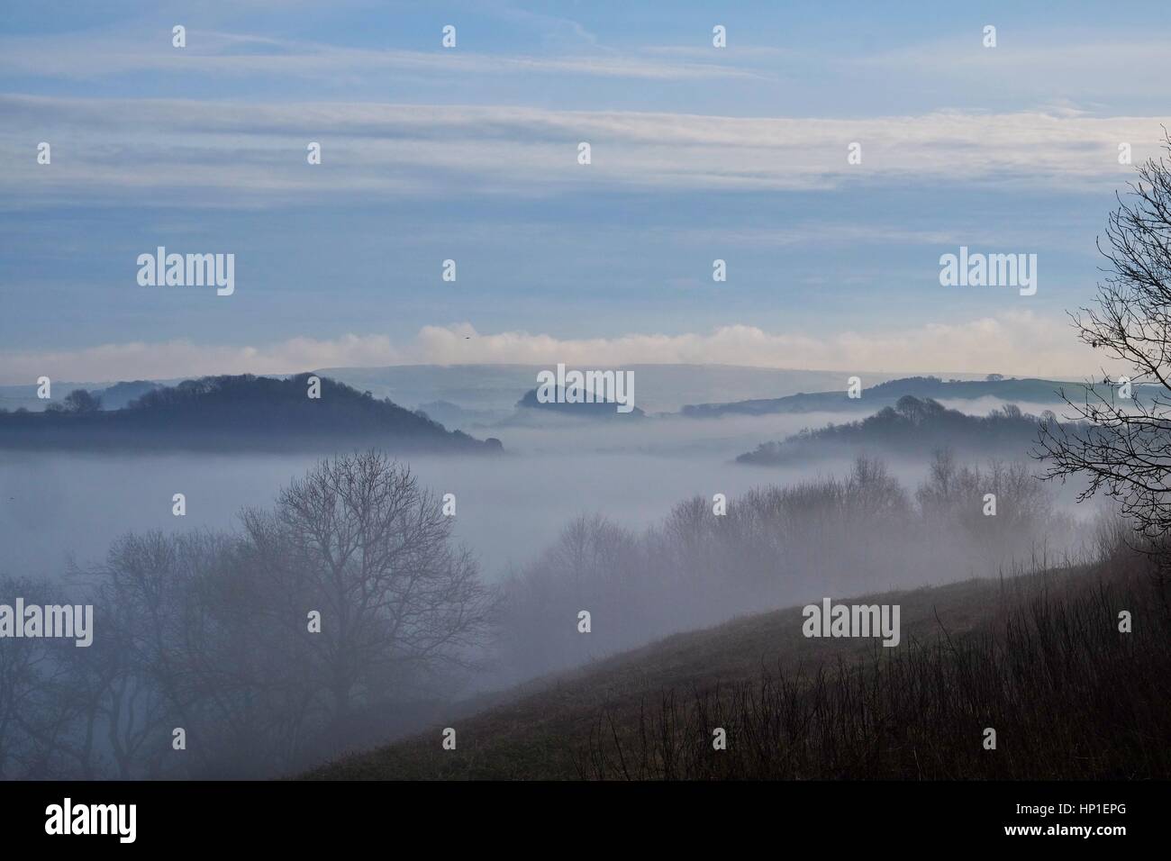 Symondsbury, Dorset, UK. 17th Feb, 2017. A misty morning in Symondsbury as Dorset experiences another day of warm weather. Credit: Tom Corban/Alamy Live News Stock Photo
