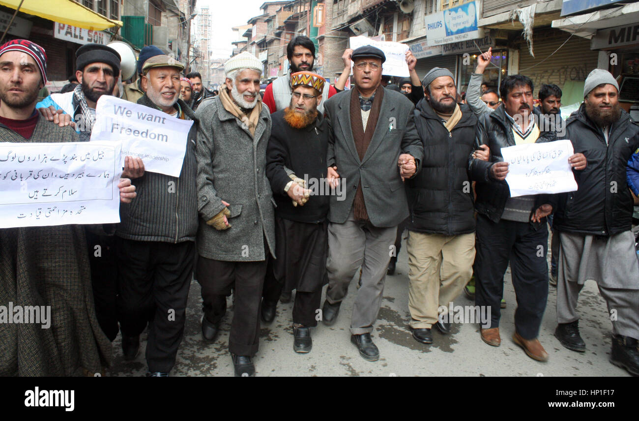 Srinagar, Indian Administered Kashmir. 17th February 2017.Supporters pf Jammu& Kashmir Liberatio Front (JKLF) holds play cards ,after prayers .Expressing disappointment over the remarks of the Army Chief General Bipin Rawat.against civilians who indulge in stone pelting during counterinsurgency operations in Kashmir would be treated as anti-nationals and dealt with accordingly.Recently in Bandipora, stone-pelters attacked soldiers when they were about to launch an operation against terrorists holed up in a house. Credit: sofi suhail/Alamy Live News Stock Photo