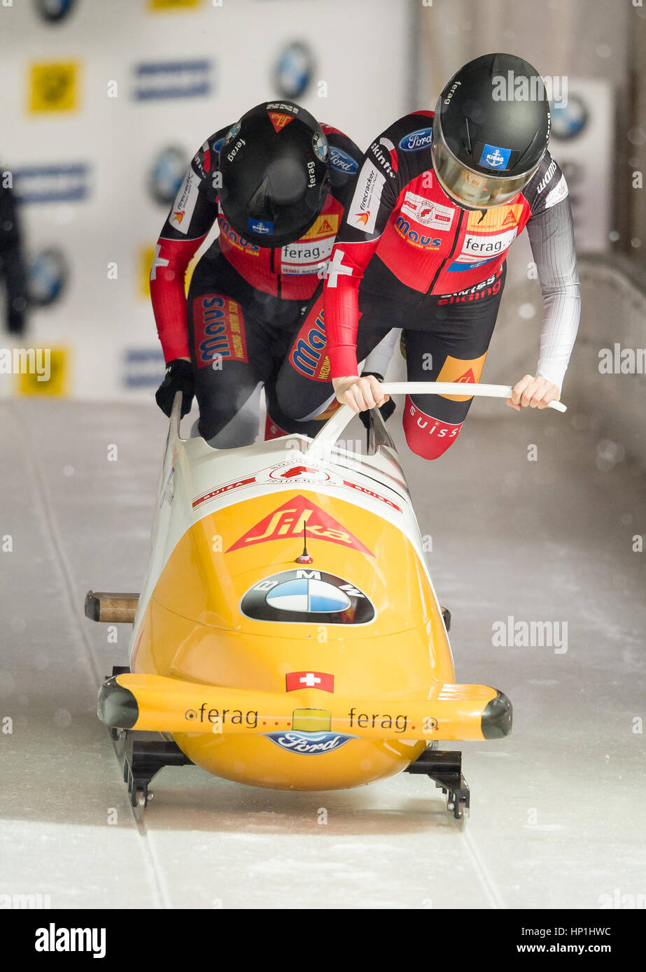Koenigssee, Germany. 17th Feb, 2017. The Swiss bobsleigh team with Sabina Hafner (front) and Eveline Rebsamen in action during the 1st two-women run of the FIBT World Championship 2017 in Schoenau am Koenigssee, Germany, 17 February 2017. the FIBT bob and skeleton world championships 2017 take place from 13 February to 26 February 2017. Credit: dpa picture alliance/Alamy Live News Stock Photo