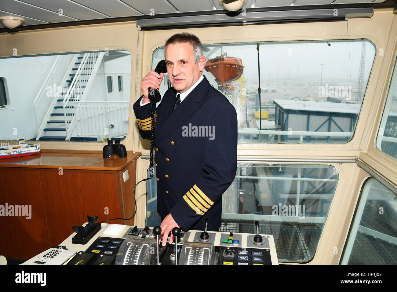 Rostock, Germany. 17th Feb, 2017. Captain Klim Haehnlein stands on the  bridge of the ferry 'Tom Sawyer' of the shipping company TT-Line at the  port of Rostock, Germany, 17 February 2017. The