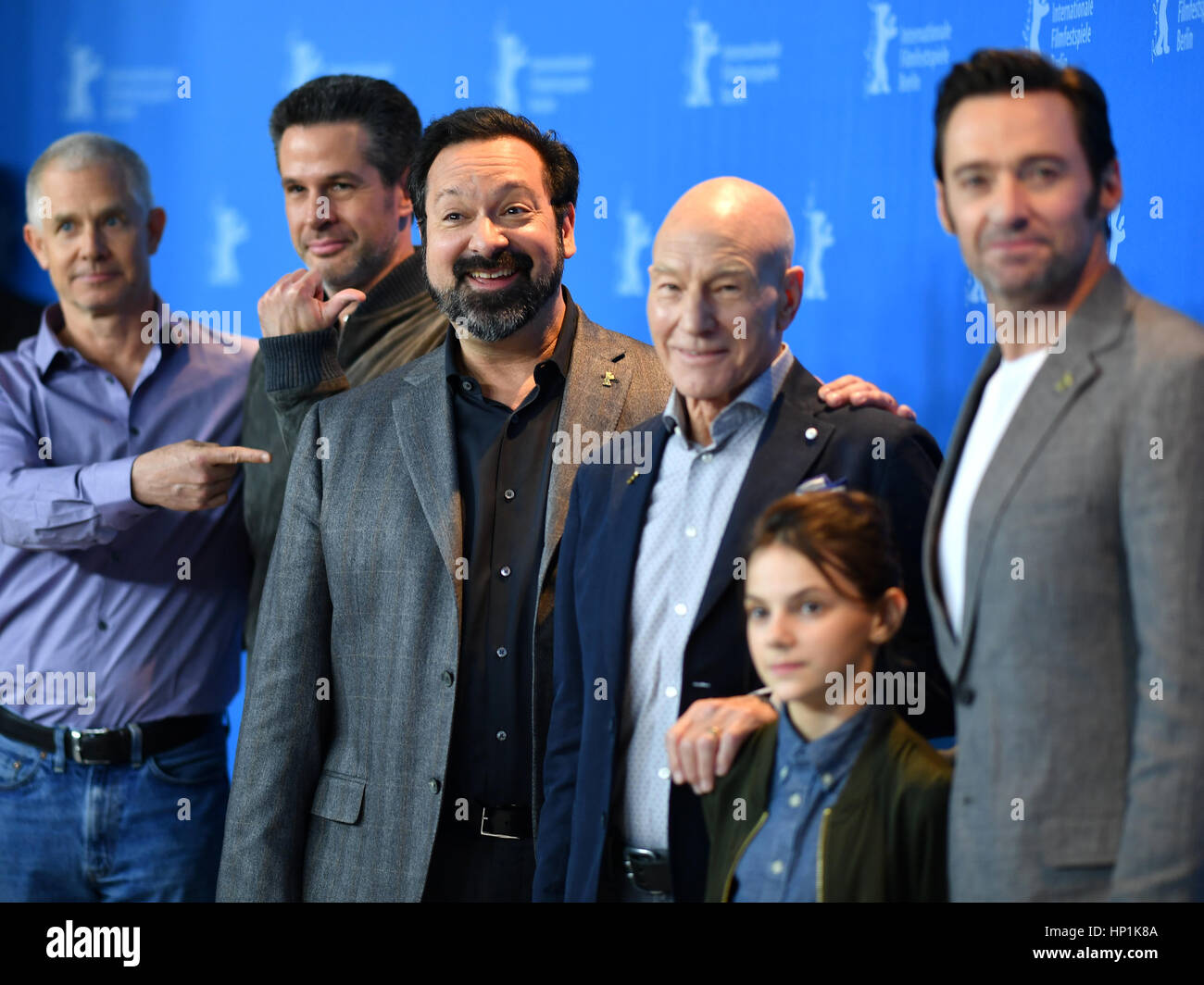Berlin, Germany. 17th Feb, 2017. Producers Hutch Parker (l-r), Simon Kinberg, director James Mangold and actors Patrick Stewart, Dafne Keen and Hugh Jackman pose during a photo call for the movie 'Logan' at the 67th International Berlin Film Festival in Berlin, Germany, 17 February 2017. The US-American movie runs noncompetitively. Photo: Jens Kalaene/dpa-Zentralbild/dpa/Alamy Live News Stock Photo