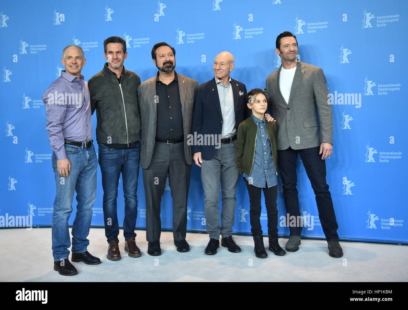 Berlin, Germany. 17th Feb, 2017. Producers Hutch Parker (l-r), Simon Kinberg, director James Mangold and actors Patrick Stewart, Dafne Keen and Hugh Jackman pose during a photo call for the movie 'Logan' at the 67th International Berlin Film Festival in Berlin, Germany, 17 February 2017. The US-American movie runs noncompetitively. Photo: Britta Pedersen/dpa-Zentralbild/dpa/Alamy Live News Stock Photo