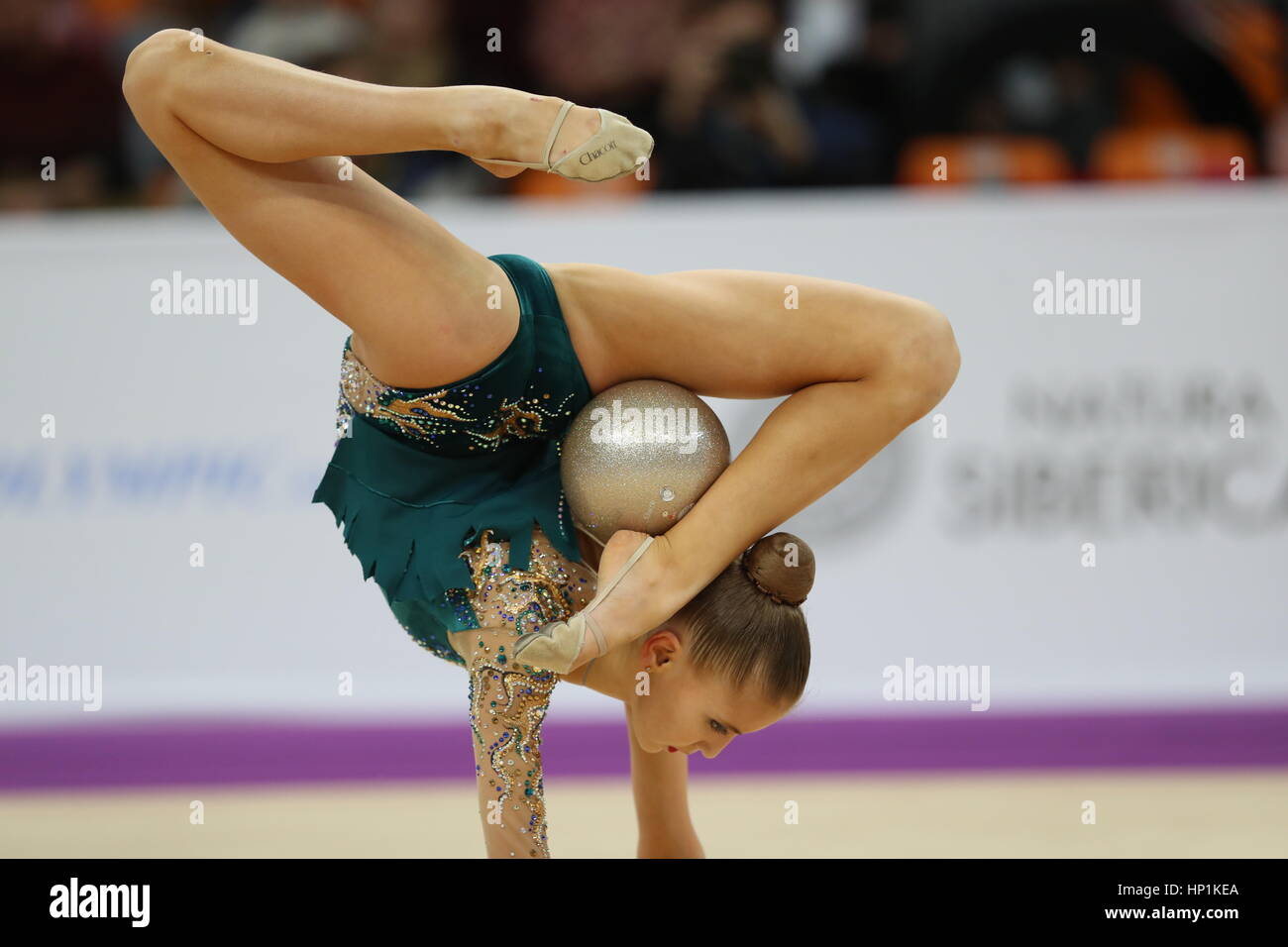 Moscow Russia 17th Feb 17 Rhythmic Gymnast Sabina Tashkenbaeva Of Uzbekistan Performs Her Individual Ball Routine During A Qualification Event At The 17 Alina Kabaeva Gazprom Champions Cup As Part Of The