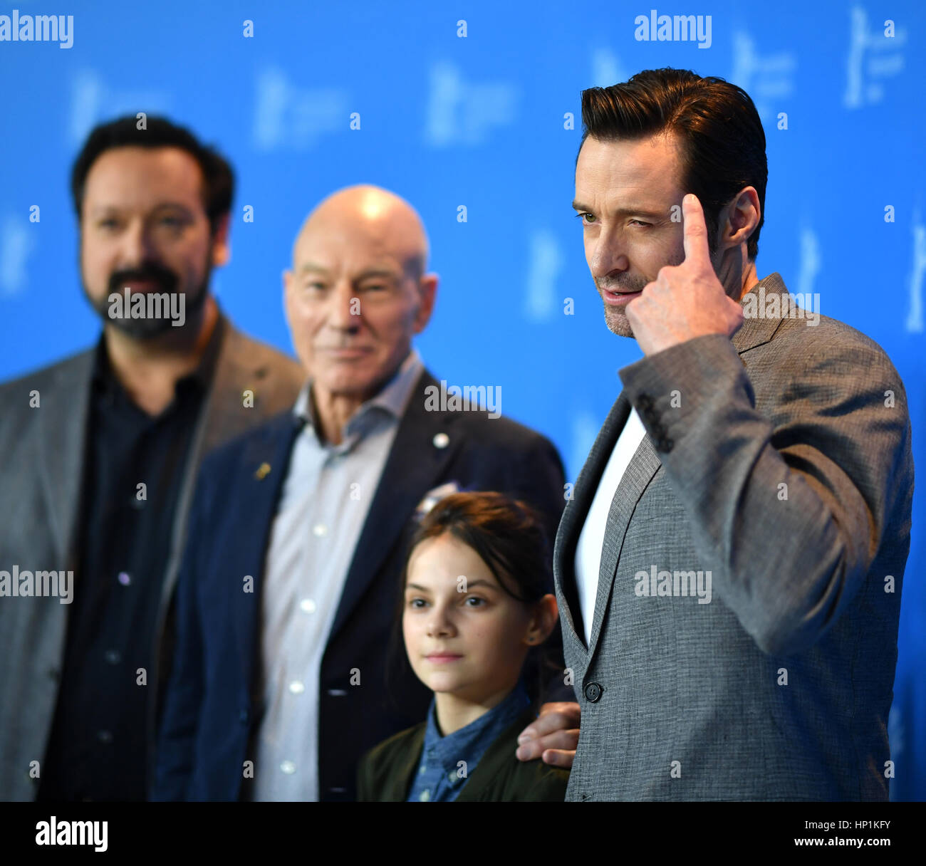 Berlin, Germany. 17th Feb, 2017. Director James Mangold and actors Patrick Stewart, Dafne Keen and Hugh Jackman pose during a photo call for the movie 'Logan' at the 67th International Berlin Film Festival in Berlin, Germany, 17 February 2017. The US-American movie runs noncompetitively. Photo: Jens Kalaene/dpa-Zentralbild/dpa/Alamy Live News Stock Photo