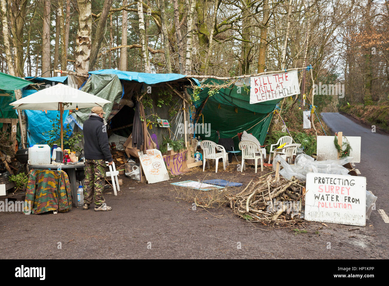 Coldharbour Lane, Abinger Forest, near Leith Hill, Surrey, UK. 17th Feb, 2017. Anti fracking protesters roadside entrance camp. Credit: Tony Watson/Alamy Live News Stock Photo