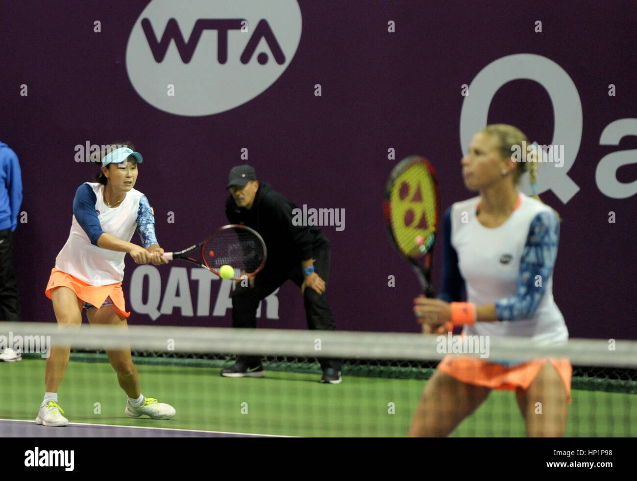 Doha, Qatar. 17th Feb, 2017. Peng Shuai (L) of China and Andrea Hlavackova of the Czech Republic compete during the women's doubles quarterfinal match against Olga Savchuk of Ukraine and Yaroslava Shvedova of Kazakhstan at WTA Qatar Open 2017 in Doha, Qatar, Feb. 17, 2017. Savchuk and Shvedova won 2-1. Credit: Nikku/Xinhua/Alamy Live News Stock Photo
