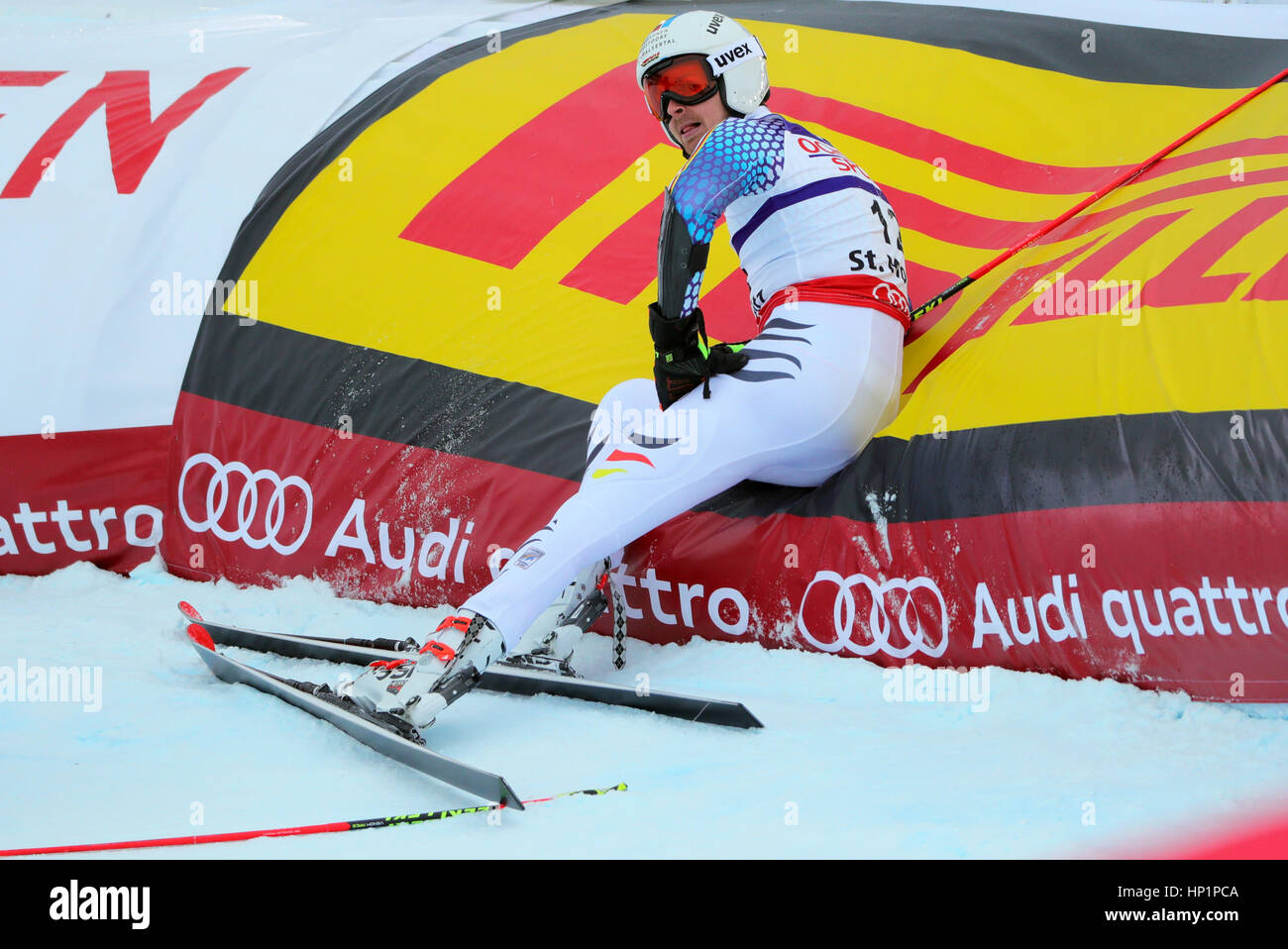 St Moritz, Switzerland. 17th February, 2017. German skier Felix Neureuther crosses the finishing line after competing in the men's giant slalom event at the Alpine World Ski Championships Credit: Action Plus Sports Images/Alamy Live News Stock Photo