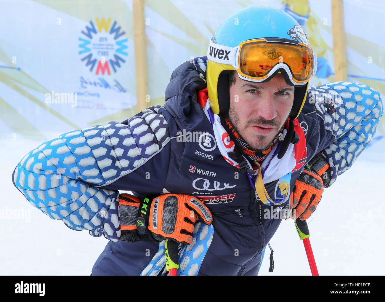 St Moritz, Switzerland. 17th February, 2017.  German skier Felix Neureuther watches the action after competing in the men's giant slalom event at the Alpine World Ski Championships Credit: Action Plus Sports Images/Alamy Live News Stock Photo