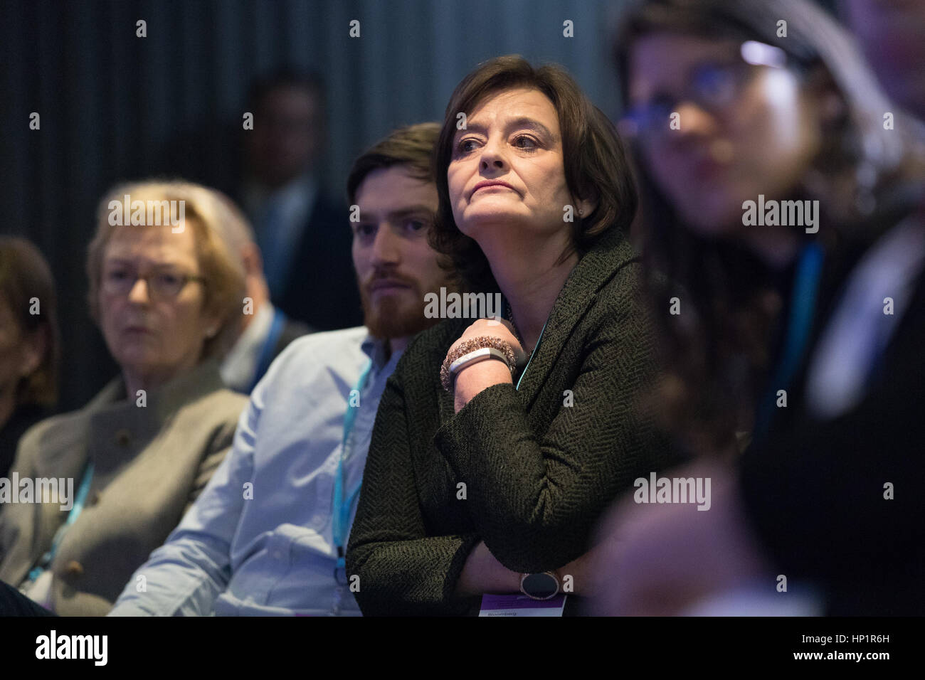 London, UK. 17th Feb 2017. Wife of Tony Blair, Cherie Blair listens to Tony Blair making a keynote speech about Brexit at an Open Britain event held at Bloomberg in London. In his first major speech since the European Union (EU) referendum, former Prime Minister, Tony Blair has called for Remain supporters to fight to stop Brexit, claiming that voters were misinformed when they voted for Brexit and that Prime Minister, Theresa MayÕs agenda is being dictated by hardline Eurosceptics. Credit: Vickie Flores/Alamy Live News Stock Photo