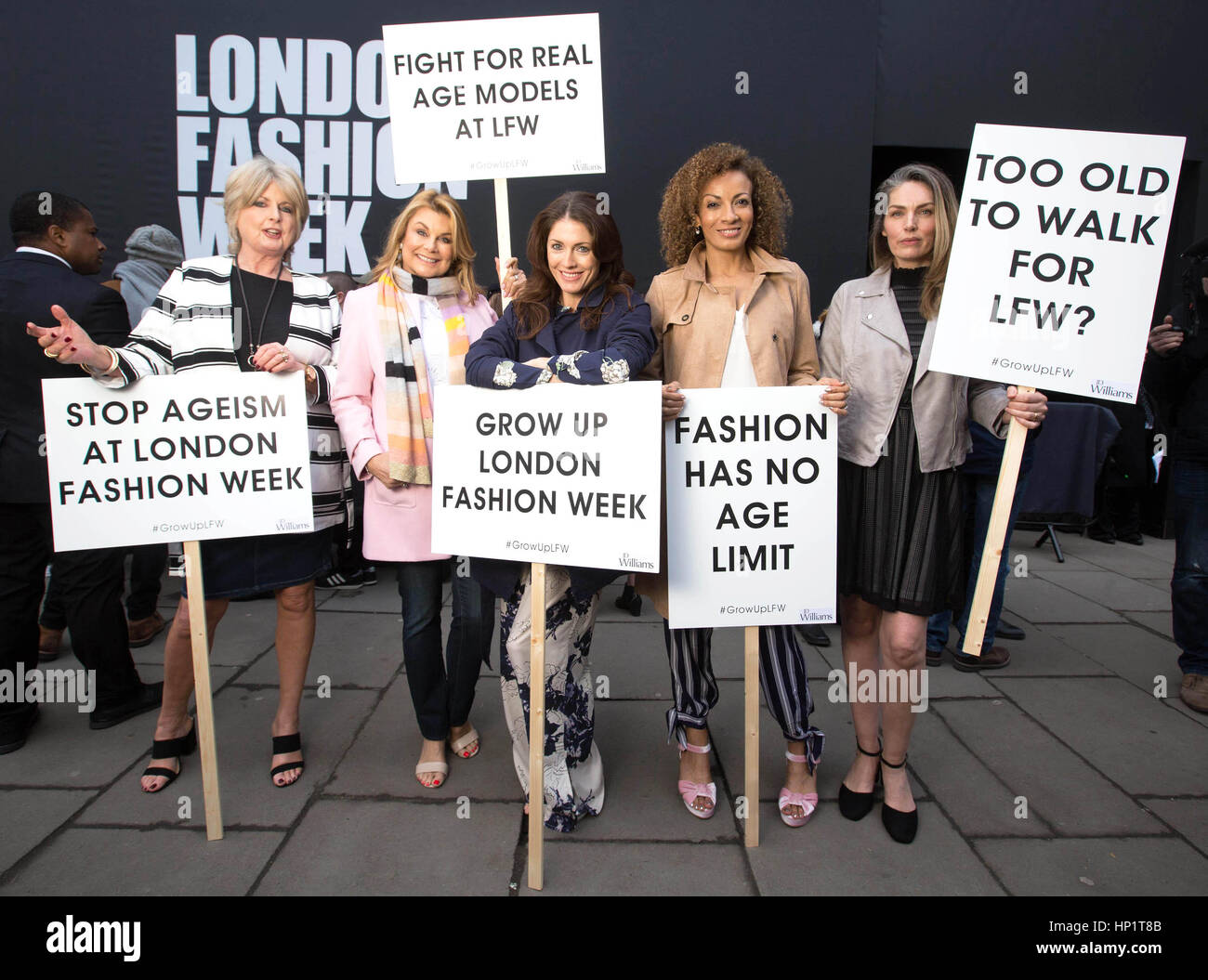 EDITORIAL USE ONLY (Left to right) Janie Felstead, 65, Jilly Johnson, 63, Gina Michel, Brucella Newman-Persaud and Liz Horne, take part in a mature models protest on the Strand in London, as retailer JD Williams demonstrates against ageism at London Fashion Week. Stock Photo