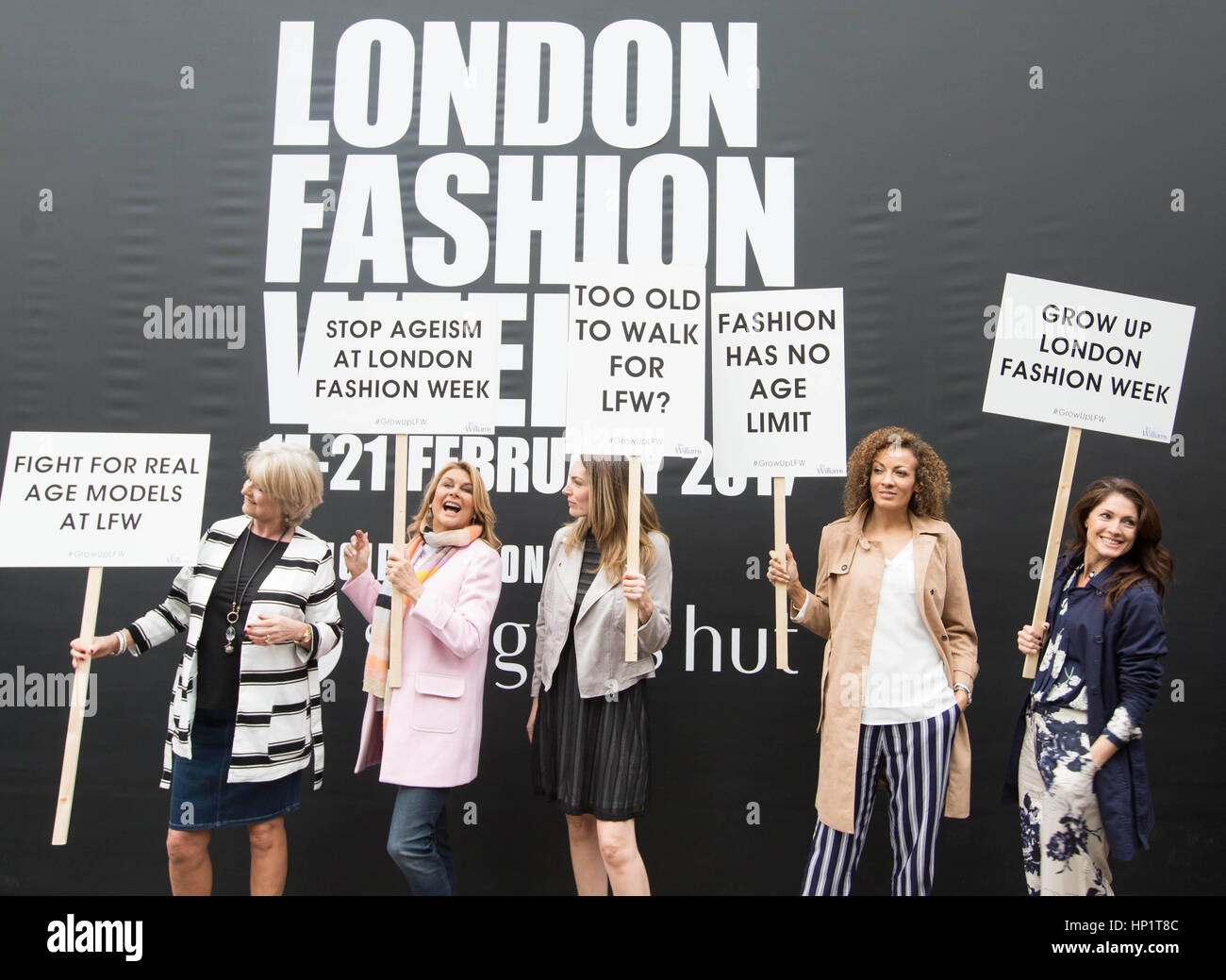 EDITORIAL USE ONLY (Left to right) Janie Felstead, 65, Jilly Johnson, 63, Liz Horne, Brucella Newman-Persaud and Gina Michel, take part in a mature models protest on the Strand in London, as retailer JD Williams demonstrates against ageism at London Fashion Week. Stock Photo
