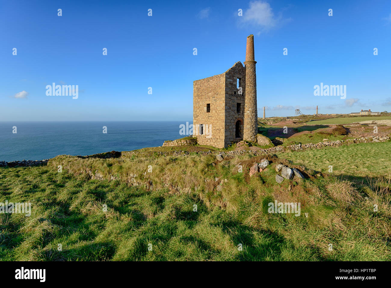 Blue skies over Wheal Owles, a Cornish Engine House at Botallack near Land's End in Cornwall Stock Photo