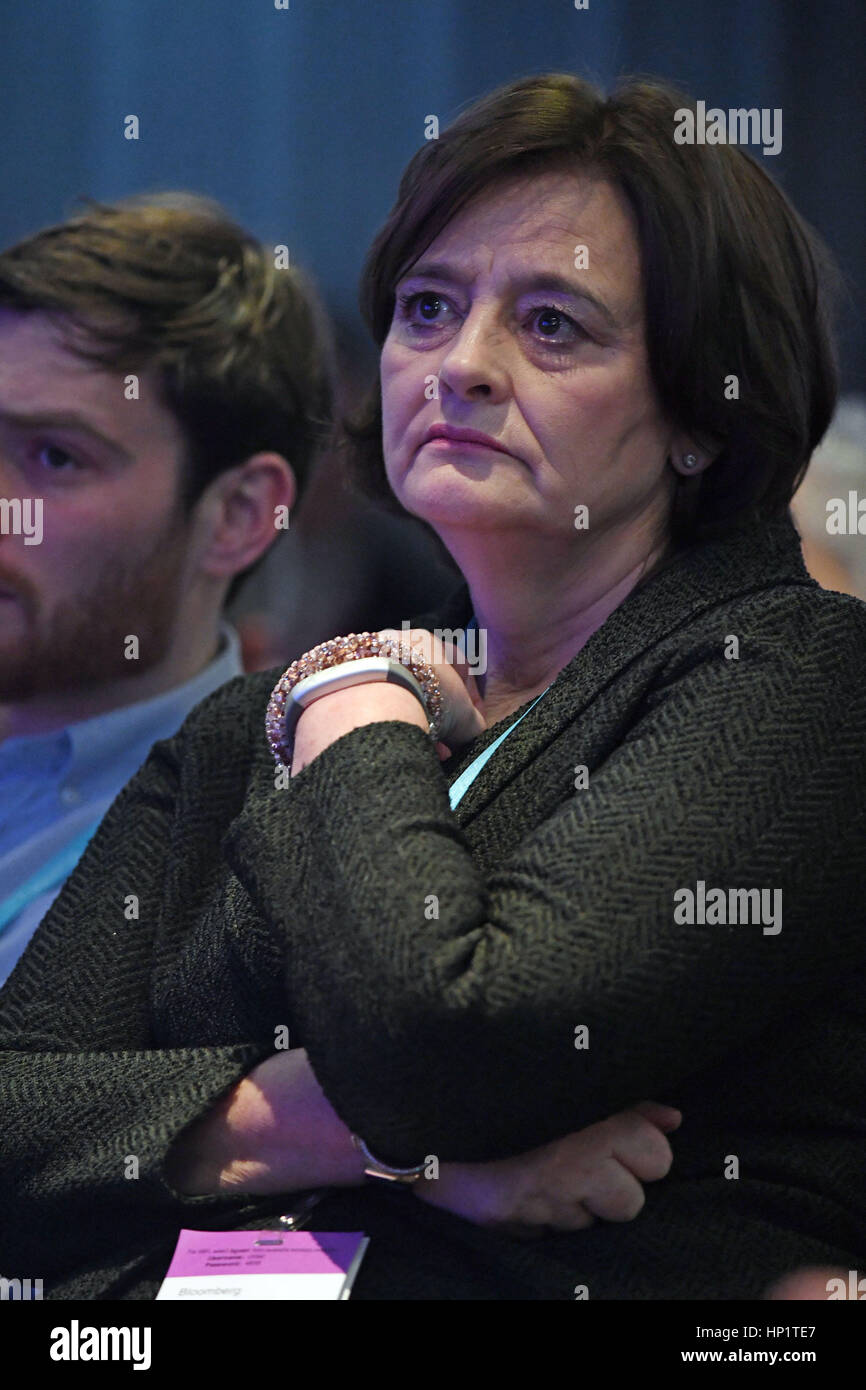 Former Prime Minister Tony Blair's wife Cherie listens during his speech on Brexit at an Open Britain event in central London. Stock Photo