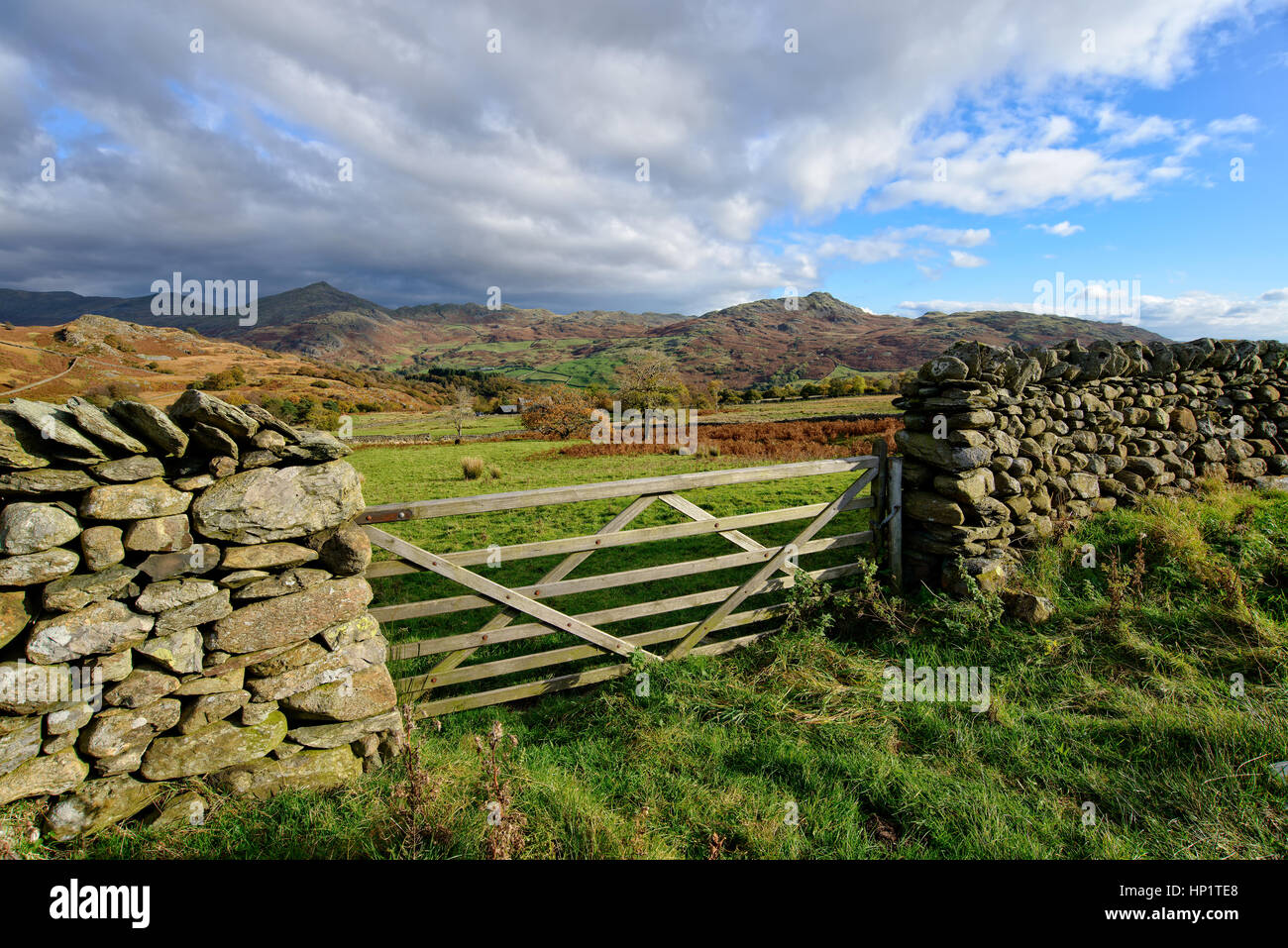 A wooden gate looking out on to the fells at Grimecrag near Ulpha in the Lake District in Cumbria Stock Photo