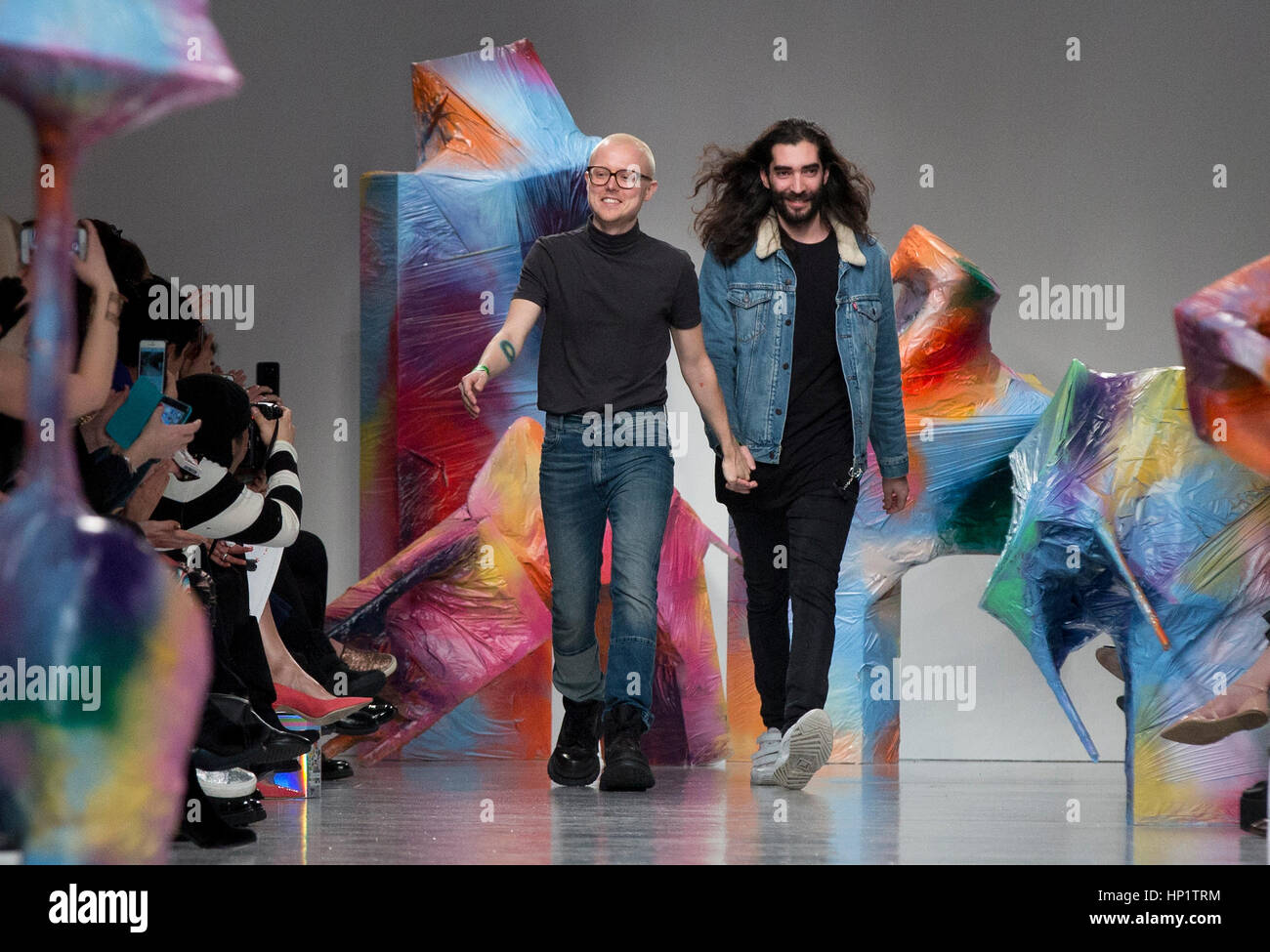 Designers Fyodor Podgorny and Golan Frydman greet the public after the Fyodor Golan Autumn/Winter 2017 London Fashion Week show at BFC Show Space, London. PRESS ASSOCIATION. Picture date: Friday February 17, 2017. Photo credit should read: Isabel Infantes/PA Wire Stock Photo