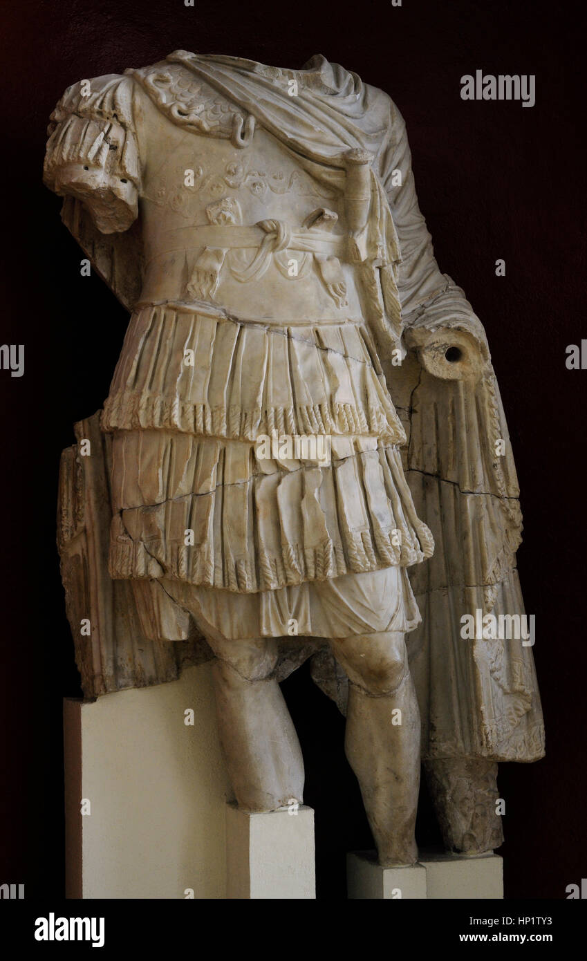 Armored statue 1st-2nd century AD. Portrait of an emperor represented as military chief, with armor decorated with snakes. Roman theater, Tarragona. National Archaeological Museum. Tarragona. Catalonia, Spain. Stock Photo