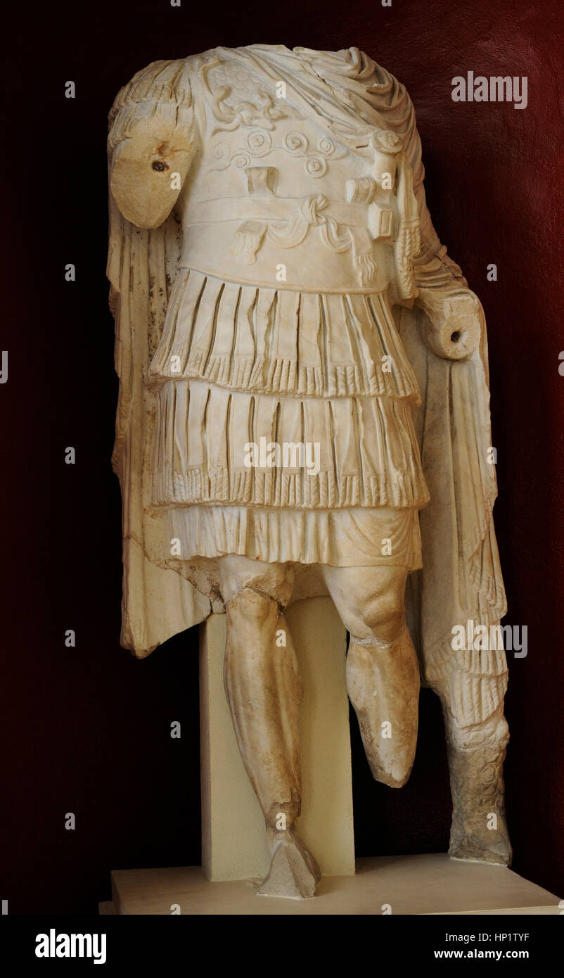 Emperor as a military chief. Statue armored. 1st-2nd century Ad. It decorated the wall of the theatre scene.  Tarragona. National Archeological Museum. Tarragona. Catalonia, Spain. Stock Photo