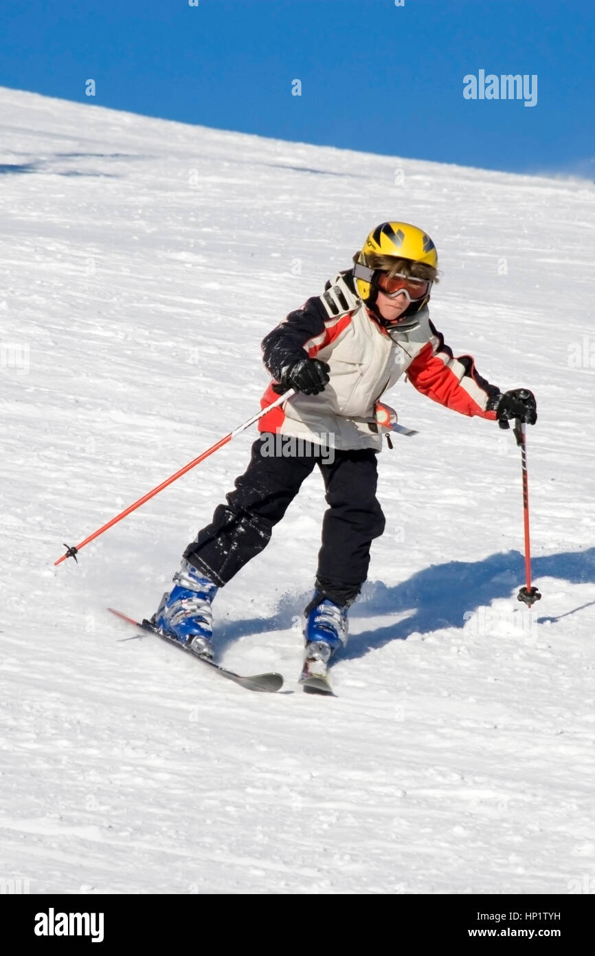 Model release , Junge beim Skifahren - boy does skiing Stock Photo