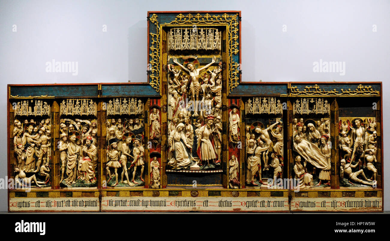 English artist. Manufacturing of Nottingham. Triptych of Passion, ca.1350-1400. Alabaster, wood and glass. National Museum of Capodimonte. Naples. Italy. Stock Photo