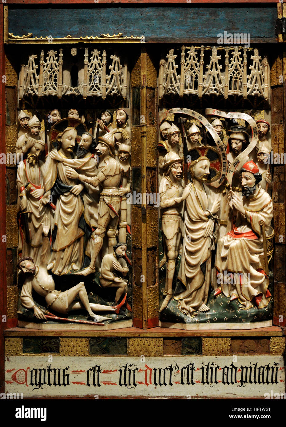 English artist. Manufacturing of Nottingham. Triptych of Passion, ca.1350-1400. Detail of Kiss of Judas and Jesus before Pilate. Alabaster, wood and glass. National Museum of Capodimonte. Naples. Italy. Stock Photo