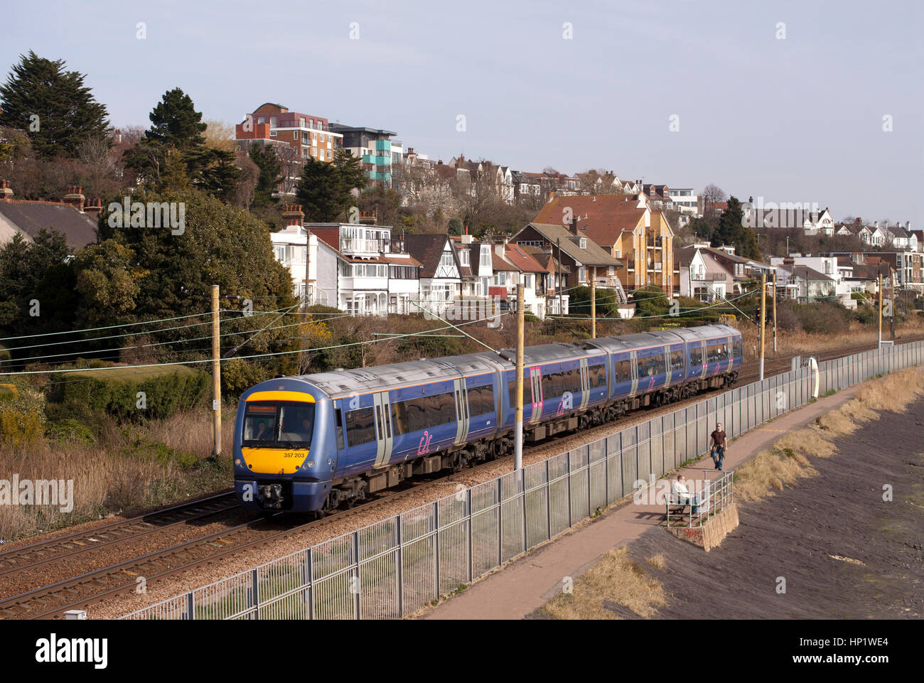 A class 357 Electrostar electric multiple unit operated by c2c at Leigh-on-Sea in Essex. Stock Photo