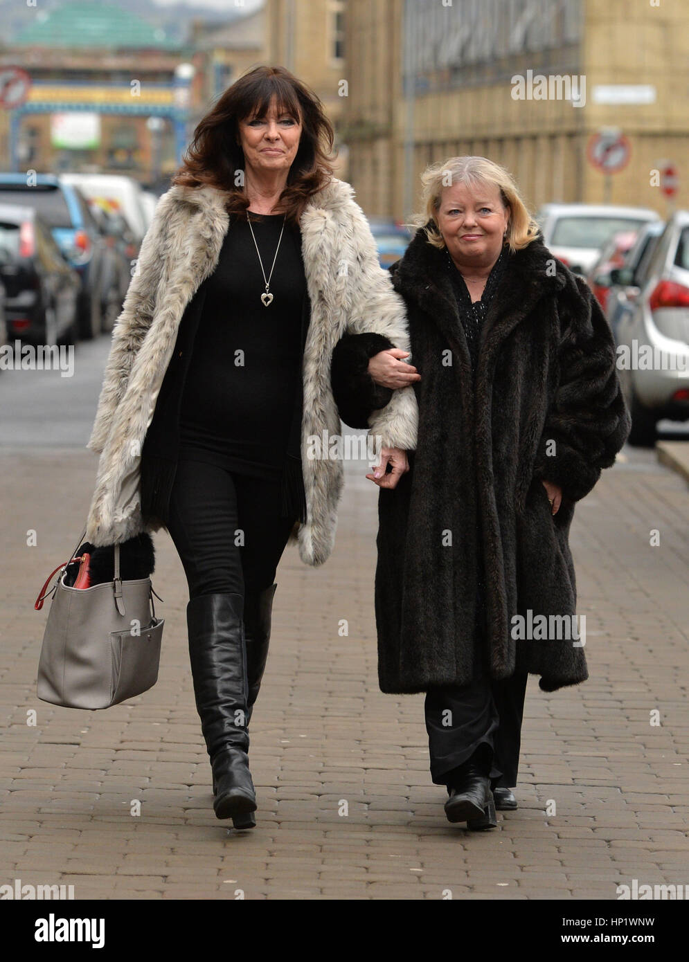 Actresses Vicki Michelle (left) and Sue Hodge arrive for the funeral of 'Allo 'Allo star Gordon Kaye at Huddersfield Parish Church. Stock Photo