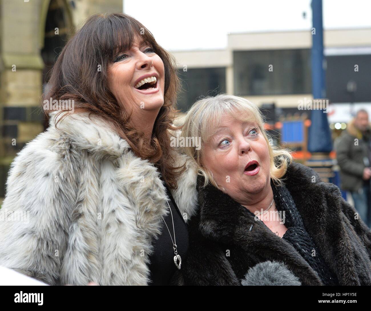 Actors Vicki Michelle and Sue Hodge stand together following the funeral service of, 'Allo 'Allo star Gorden Kaye, at Huddersfield Parish Church. Stock Photo