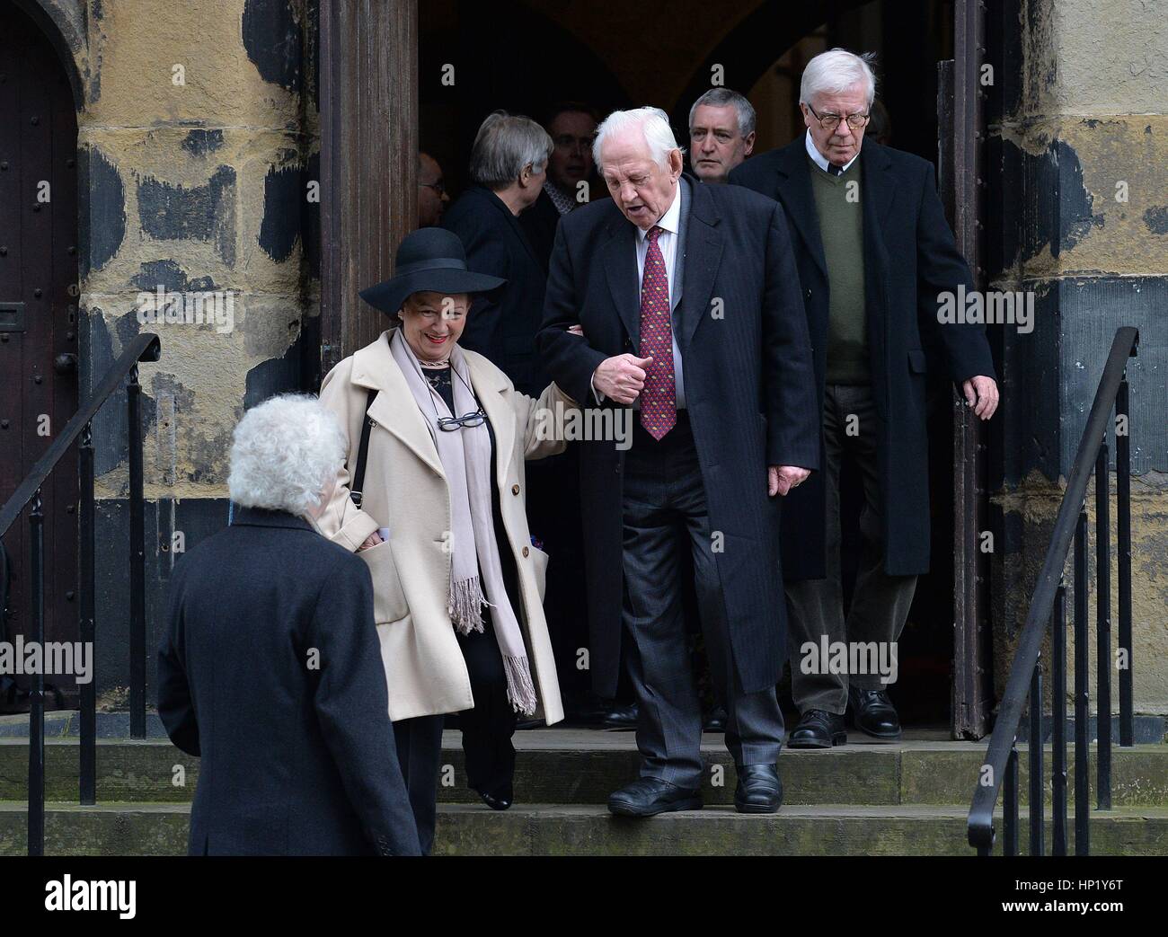 Mouners leave Huddersfield Parish Church, following the funeral service of 'Allo 'Allo star Gorden Kaye. Stock Photo