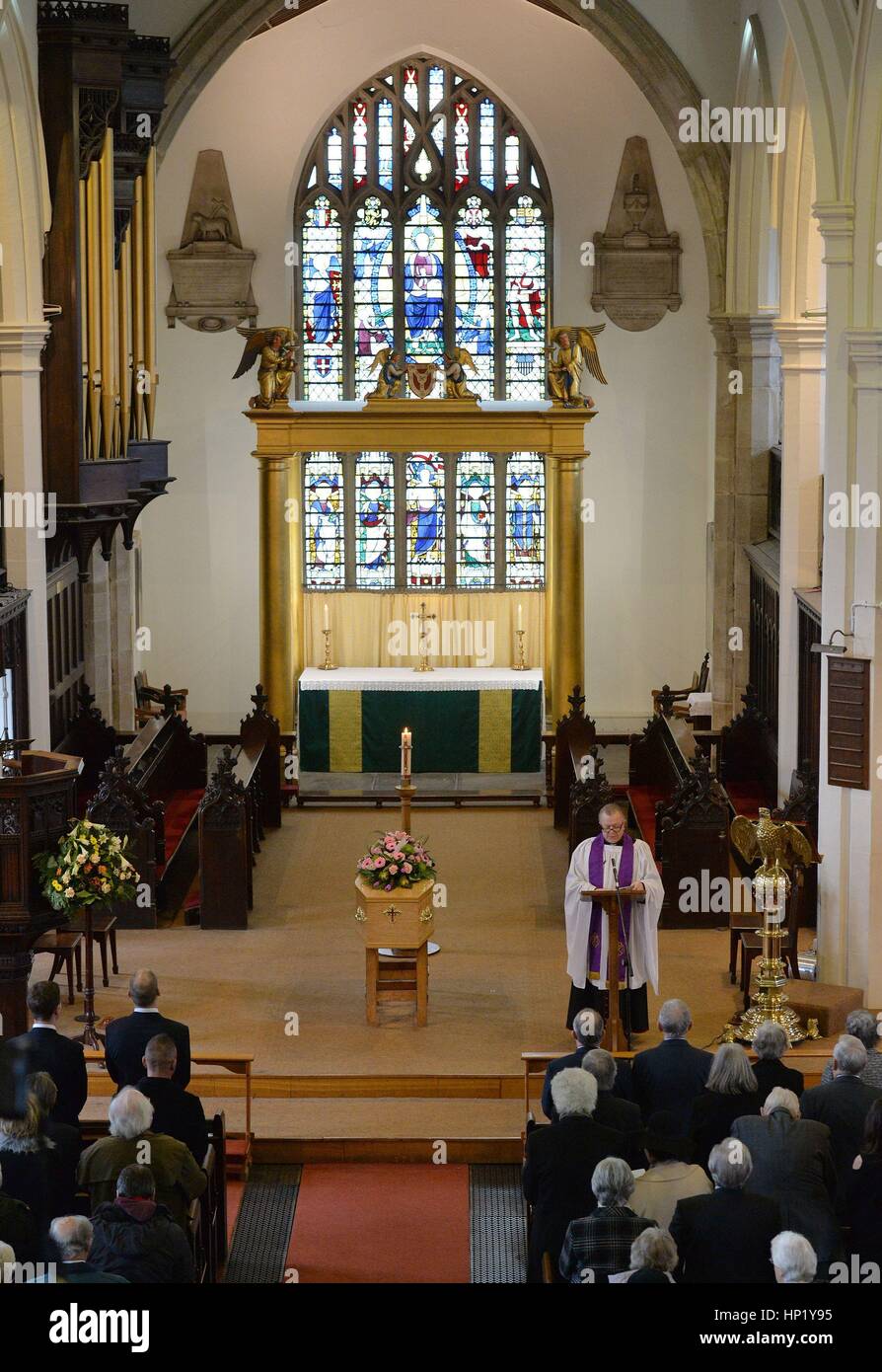 The coffin of 'Allo 'Allo star Gorden Kaye rests inside Huddersfield Parish Church, during his funeral service. Stock Photo