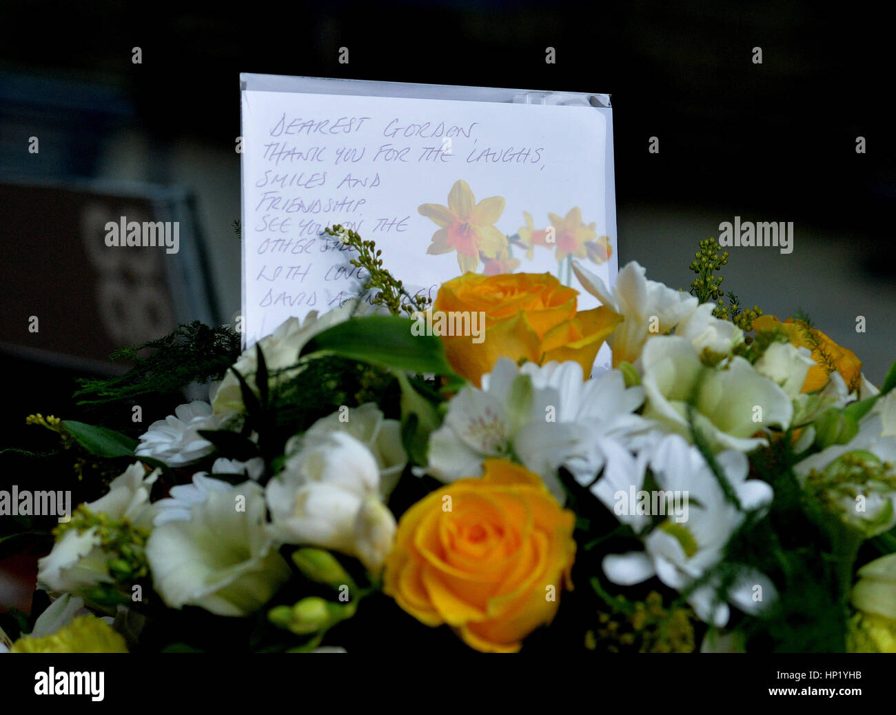 A floral tribute at the funeral of 'Allo 'Allo star Gorden Kaye at Huddersfield Parish Church. Stock Photo