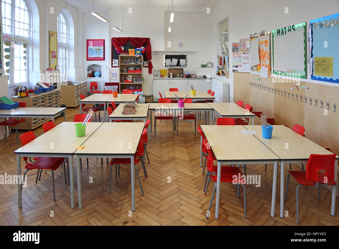 Interior view of a classroom in a newly refurbished Victorian school building in South London, UK. Empty, no pupils. Stock Photo