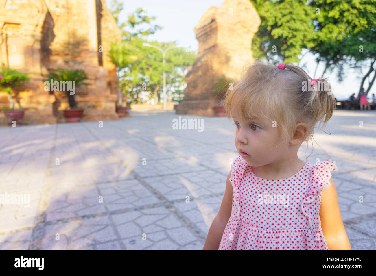 Beautiful Little Girl On A Background Towers Ponagar Vietnam Beautiful Little Girl On A Background Towers Ponagar Vietnam