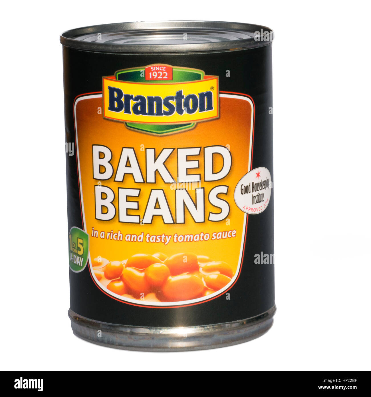 Tin of Branston baked beans, cut out or isolated against a white background. Stock Photo