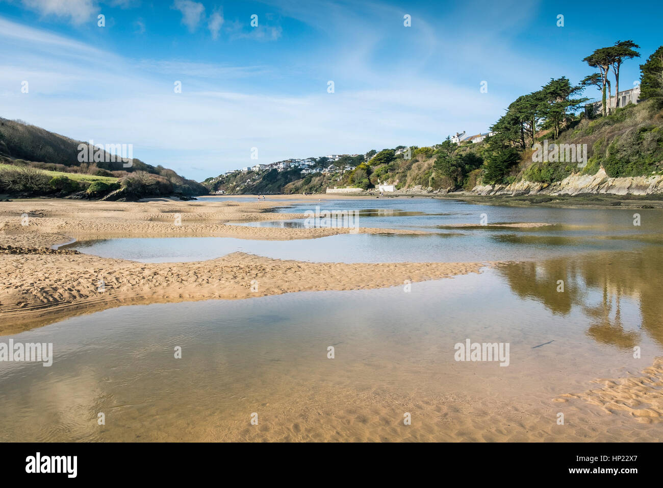 Sandbanks exposed at low tide on the Gannel Estuary. Newquay, Cornwall, UK. Stock Photo