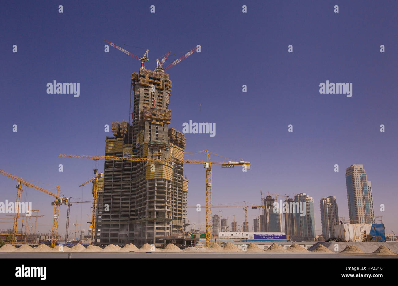 DUBAI, UNITED ARAB EMIRATES - construction site of Burj Khalifa, on Sheikh Zayed Road in Dubai. The 'Dubai Tower,' plans to be the world's tallest building at over 800 meters. Stock Photo