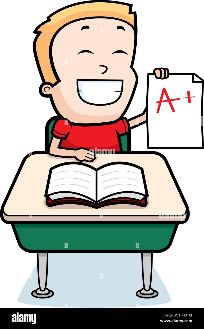 A Happy Cartoon Boy Sitting At A Desk In School Stock Vector Art