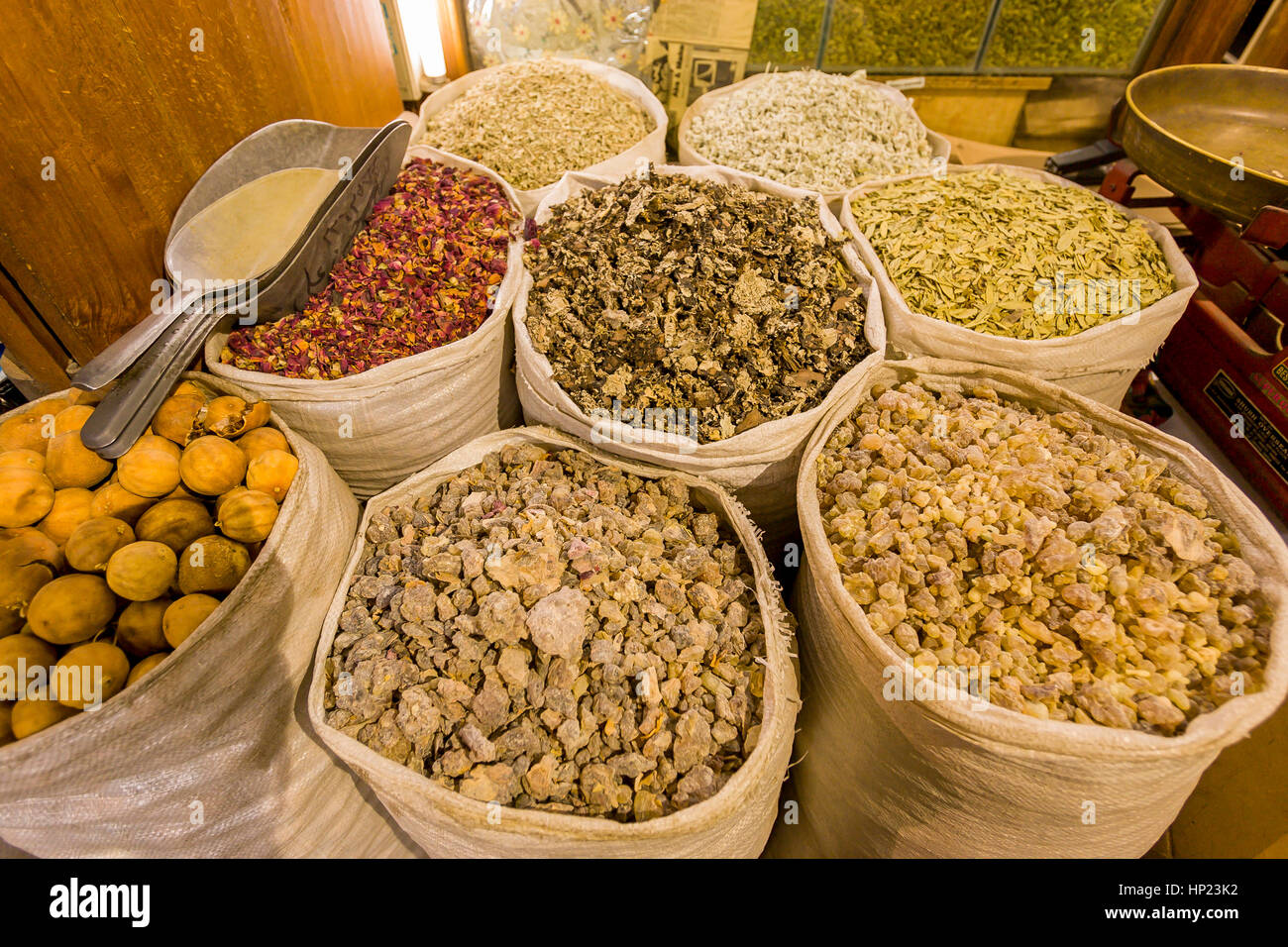 DUBAI, UNITED ARAB EMIRATES - Bags of spices on display in spice market ...