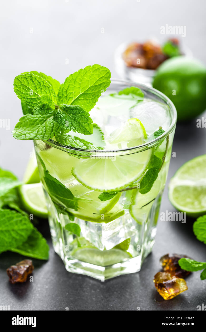 Mojito Cubano or caipirinha cocktail, iced drink with lime and mint Stock Photo Alamy