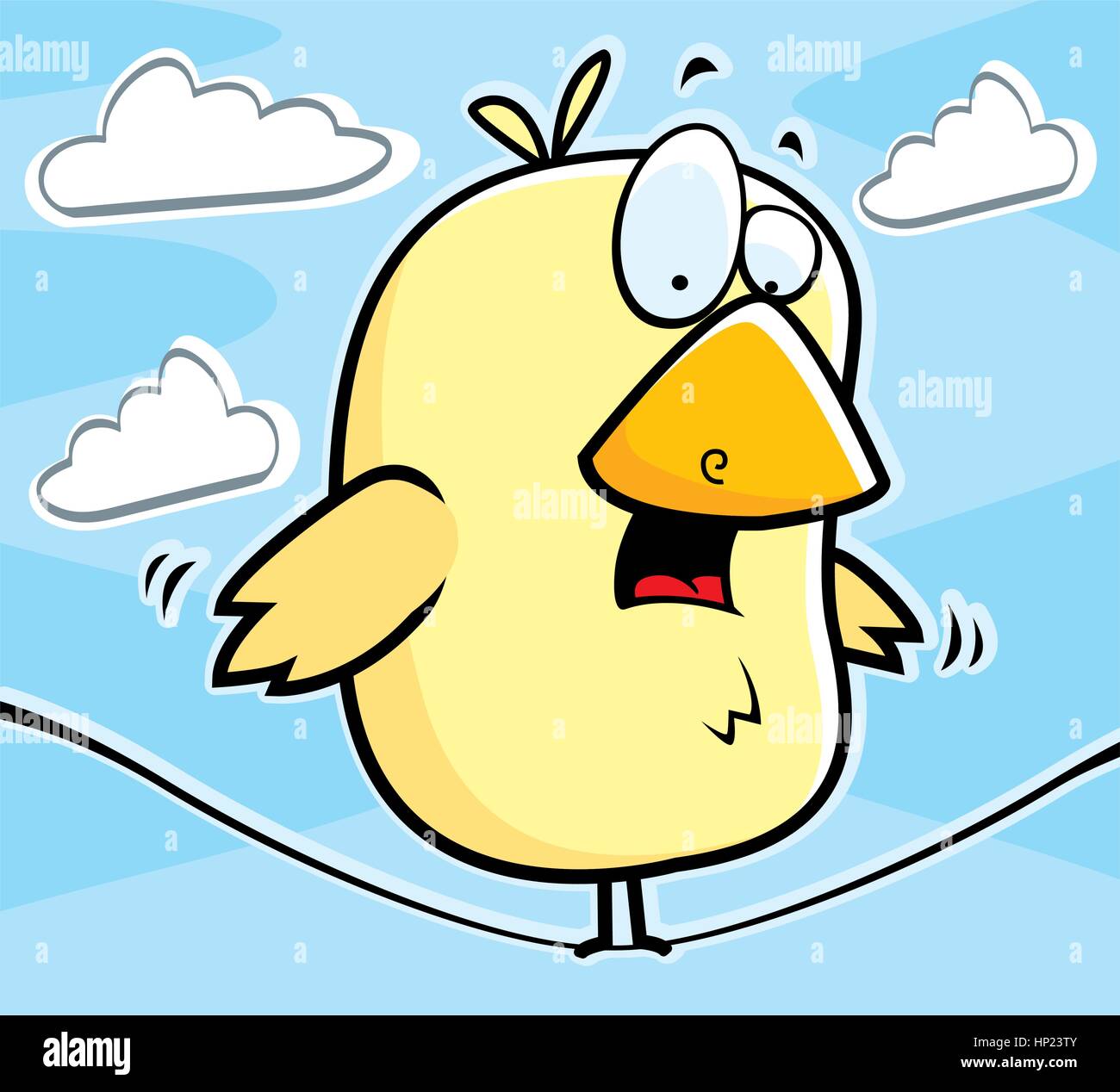 A cartoon little yellow bird balanced on a wire Stock Vector Image
