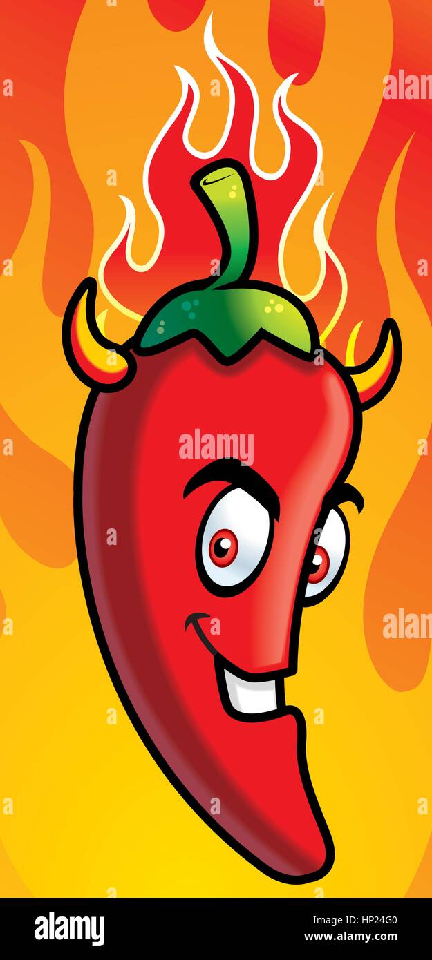 A cartoon chili pepper devil surrounded by flames Stock Vector Image