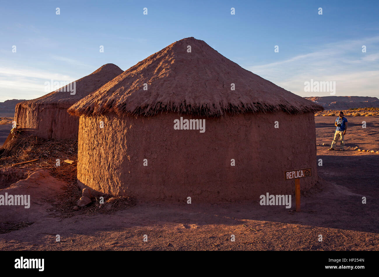 Replica, reconstructed roundhouse at the ruins of Tulor, an ancient Atacameños village, San Pedro de Atacama, Atacama Desert, Región de Antofagasta, C Stock Photo