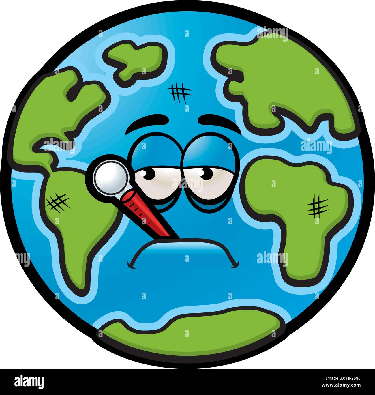 A sick cartoon Earth with a thermometer in his mouth Stock Vector Image