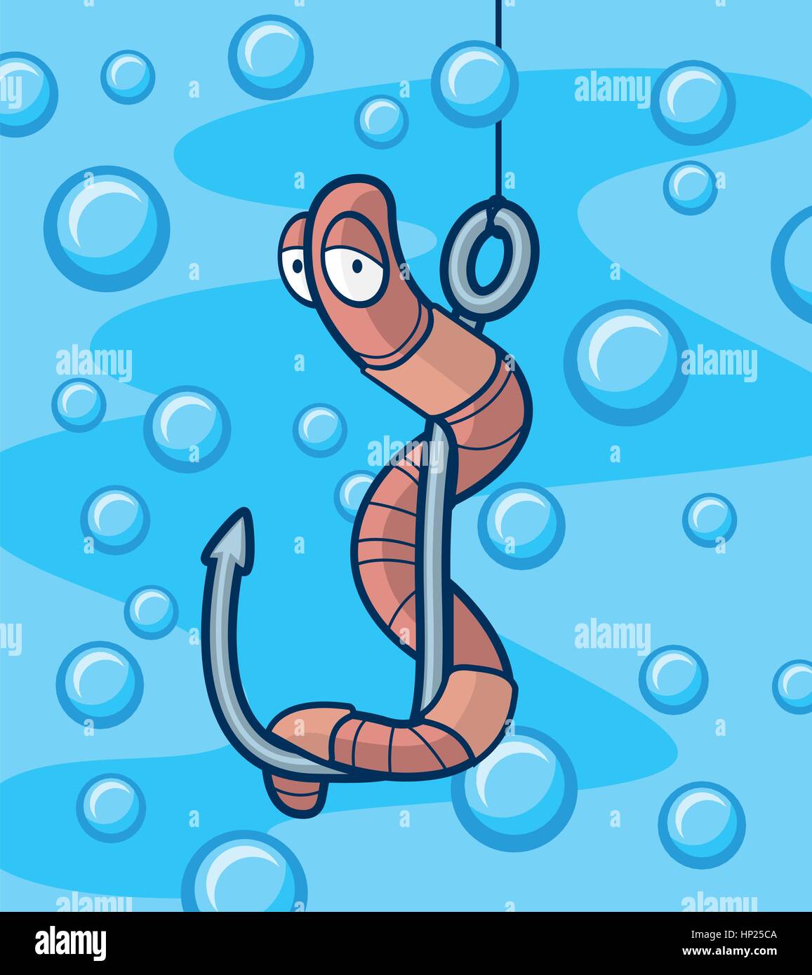A cartoon worm on a fishing hook. Stock Vector