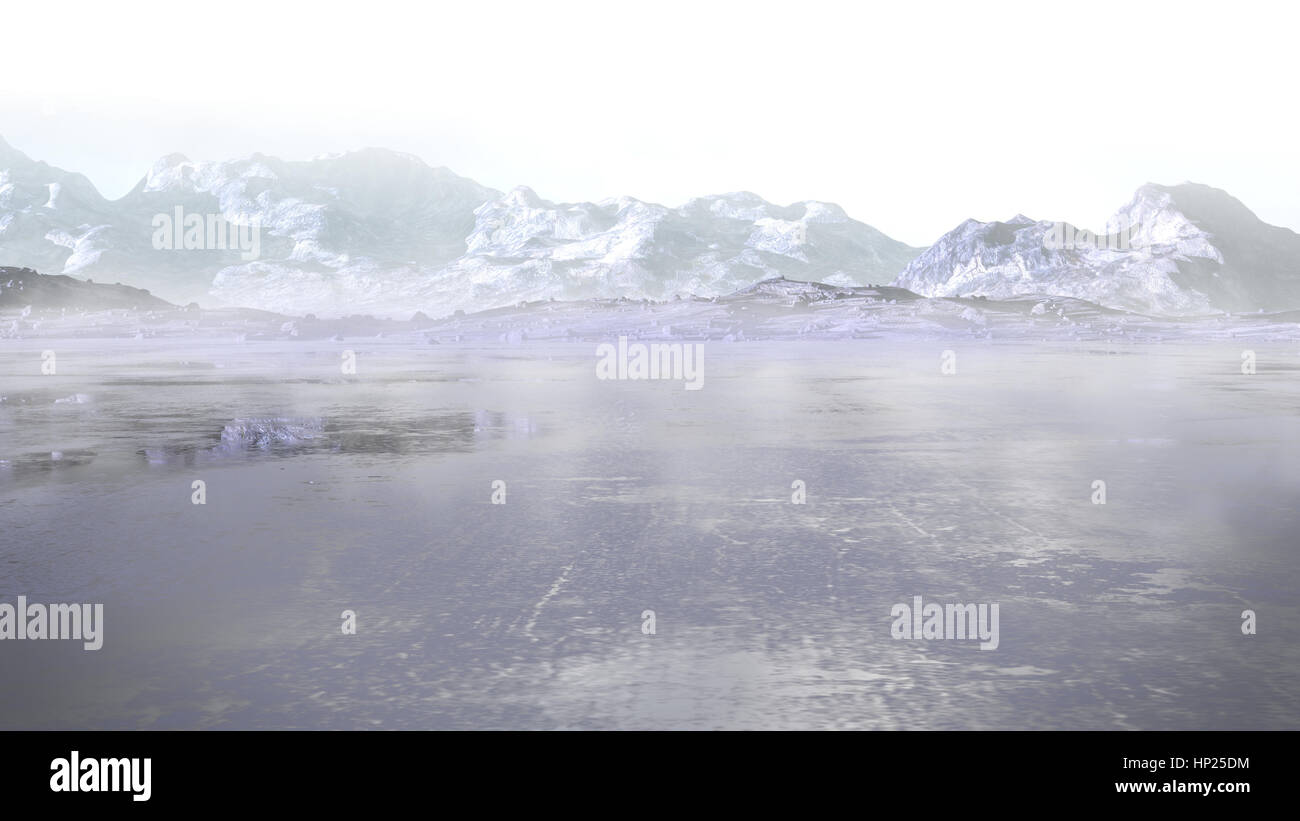 frozen lake with surrounding snow covered rocky mountains (3d illustration) Stock Photo